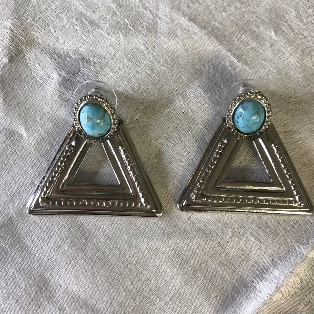 Silver triangular shaped earrings turquoise colored stone at peak that swivels